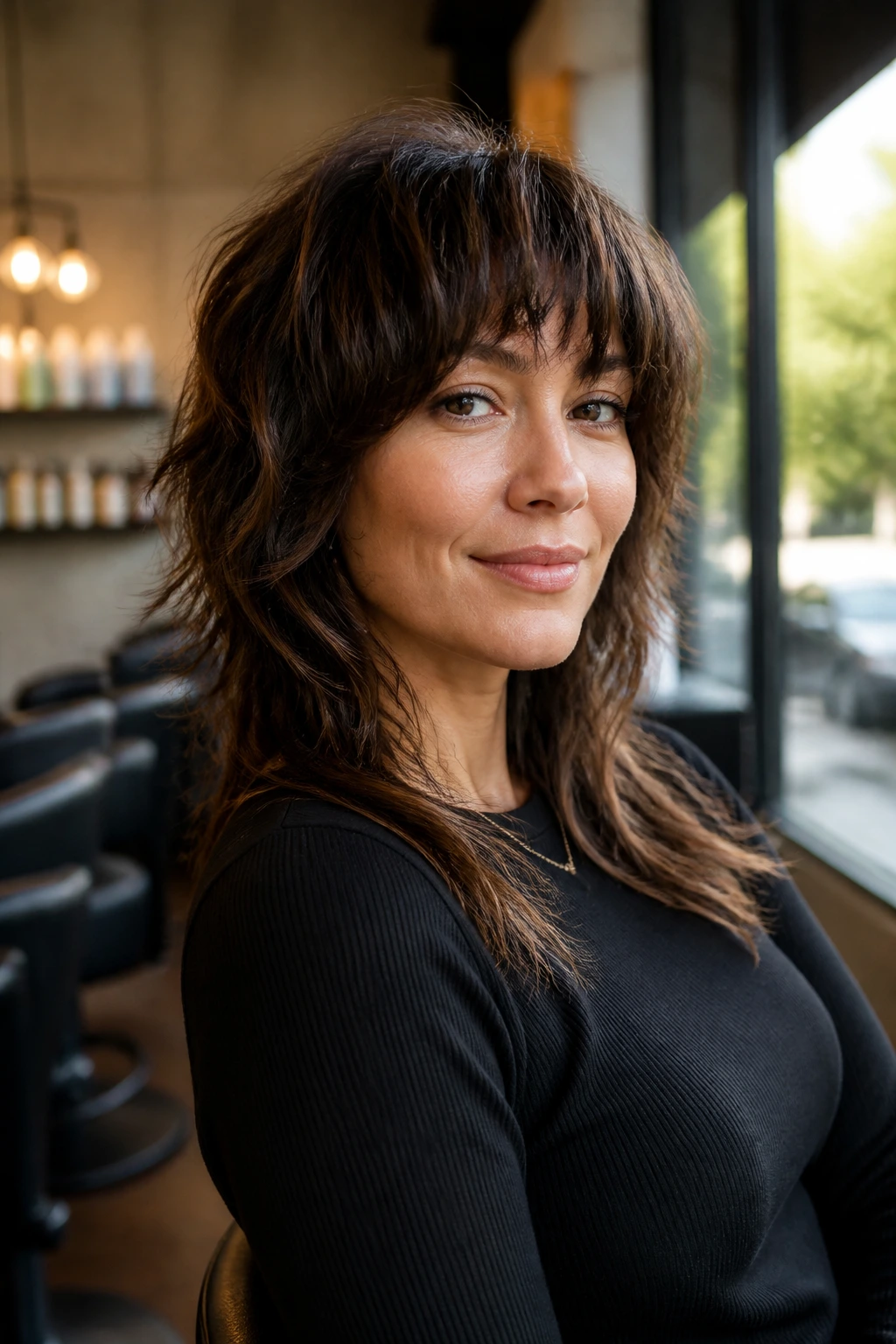 Close-up portrait of real woman with layered shag showing weight distribution in thick hair