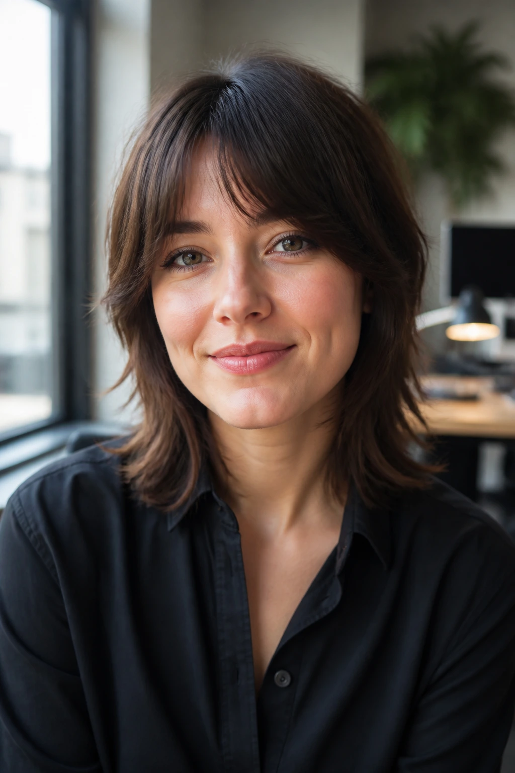 Portrait of a person with Soft Office Shag hairstyle in an office setting, illustrating variations for round faces.