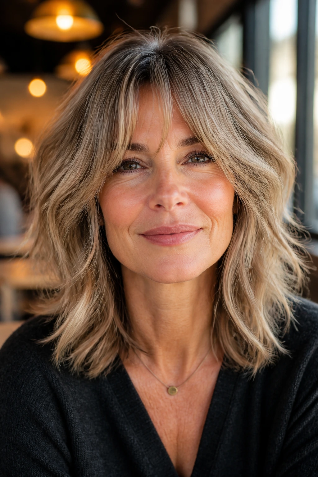 Close-up of a real woman with shag-inspired mid-length waves and curtain bangs