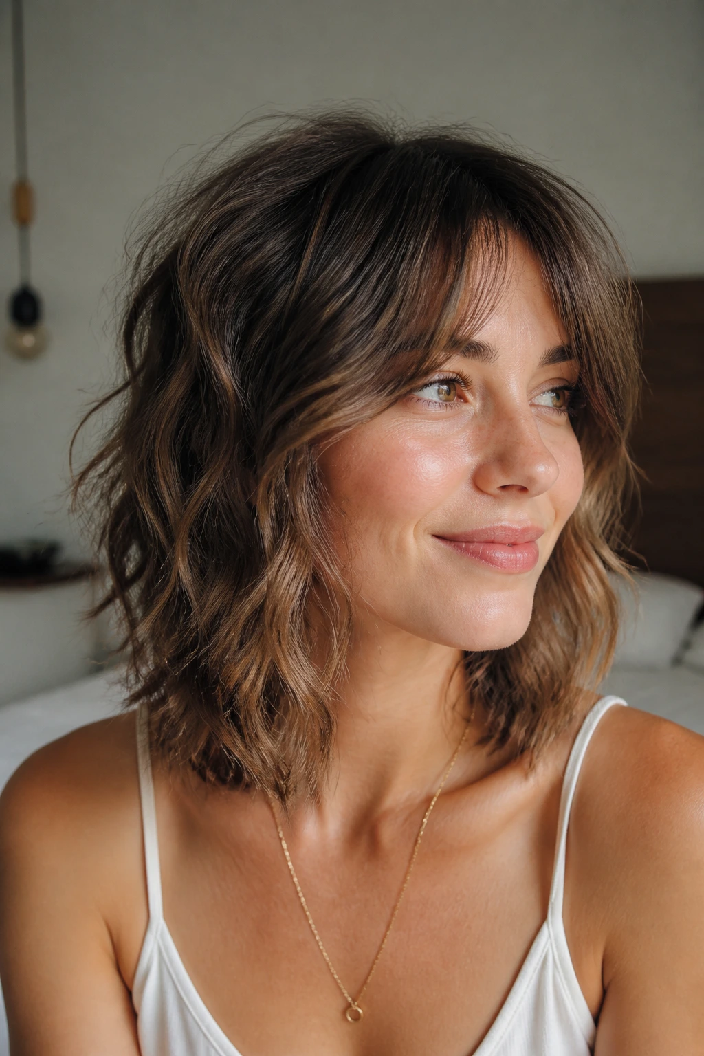 Close-up portrait of a real woman with shoulder-grazing shag waves and soft cheek framing in window light