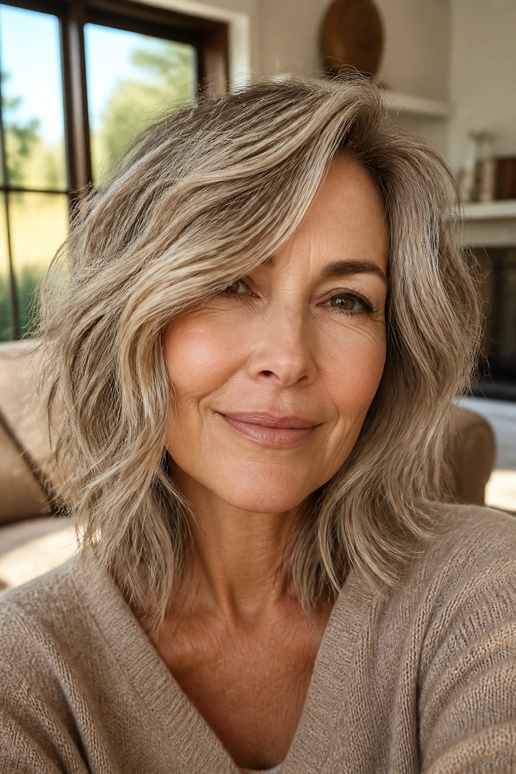 Close-up of a real woman with a wavy shag and piecey ends in natural window light