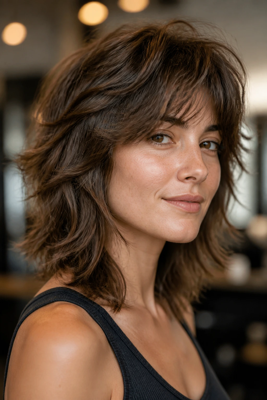 Close-up of a real person with layered shag showing crown lift and cheekbone layers to remove bulk.