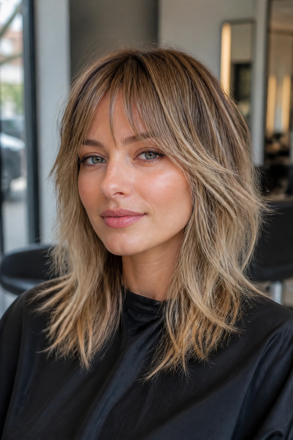 Close-up of a real woman with sliced-ends shag and wispy fringe in a sunlit salon