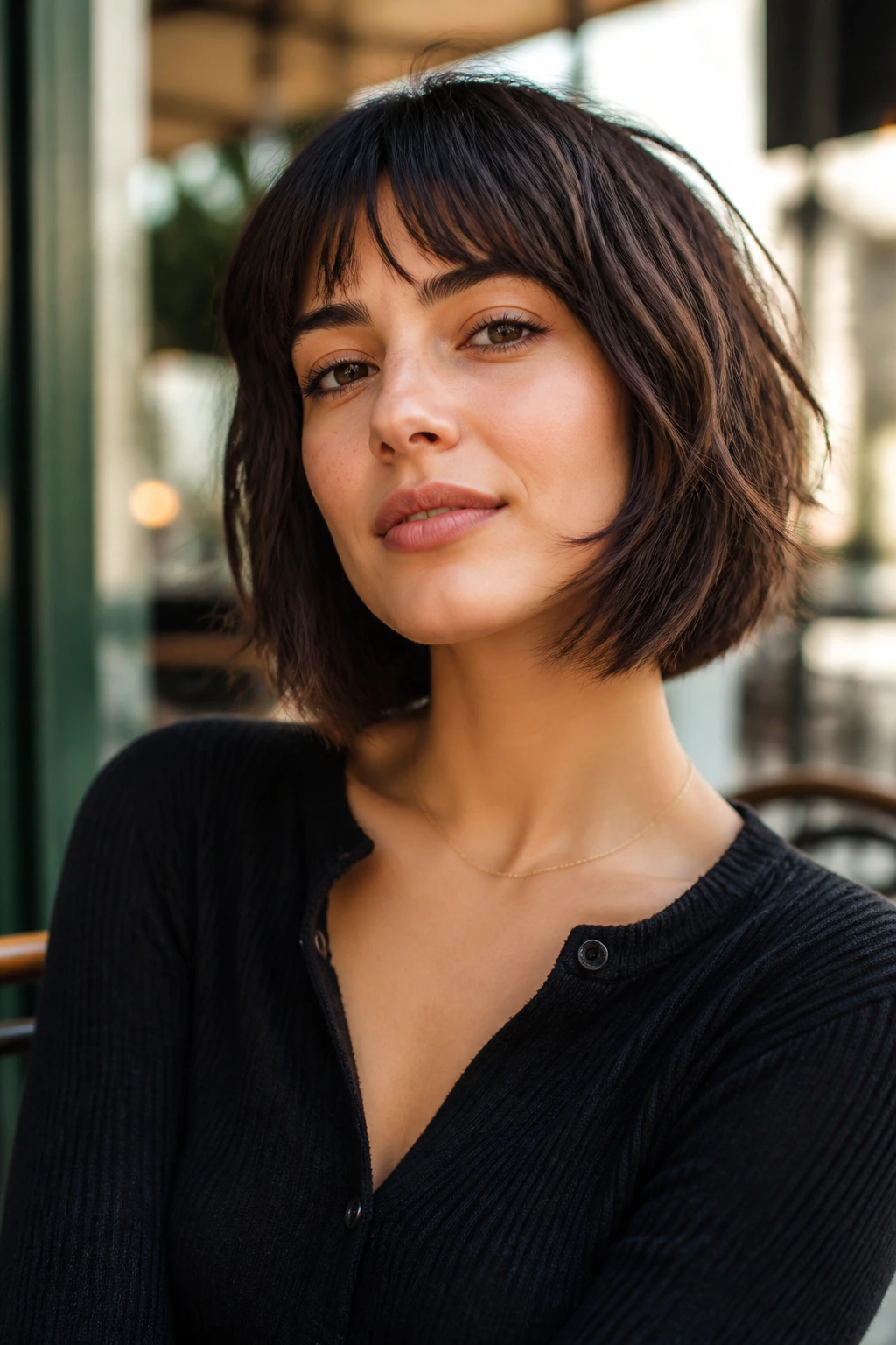 Portrait of a woman with shaggy A-line bob and choppy bangs in daylight