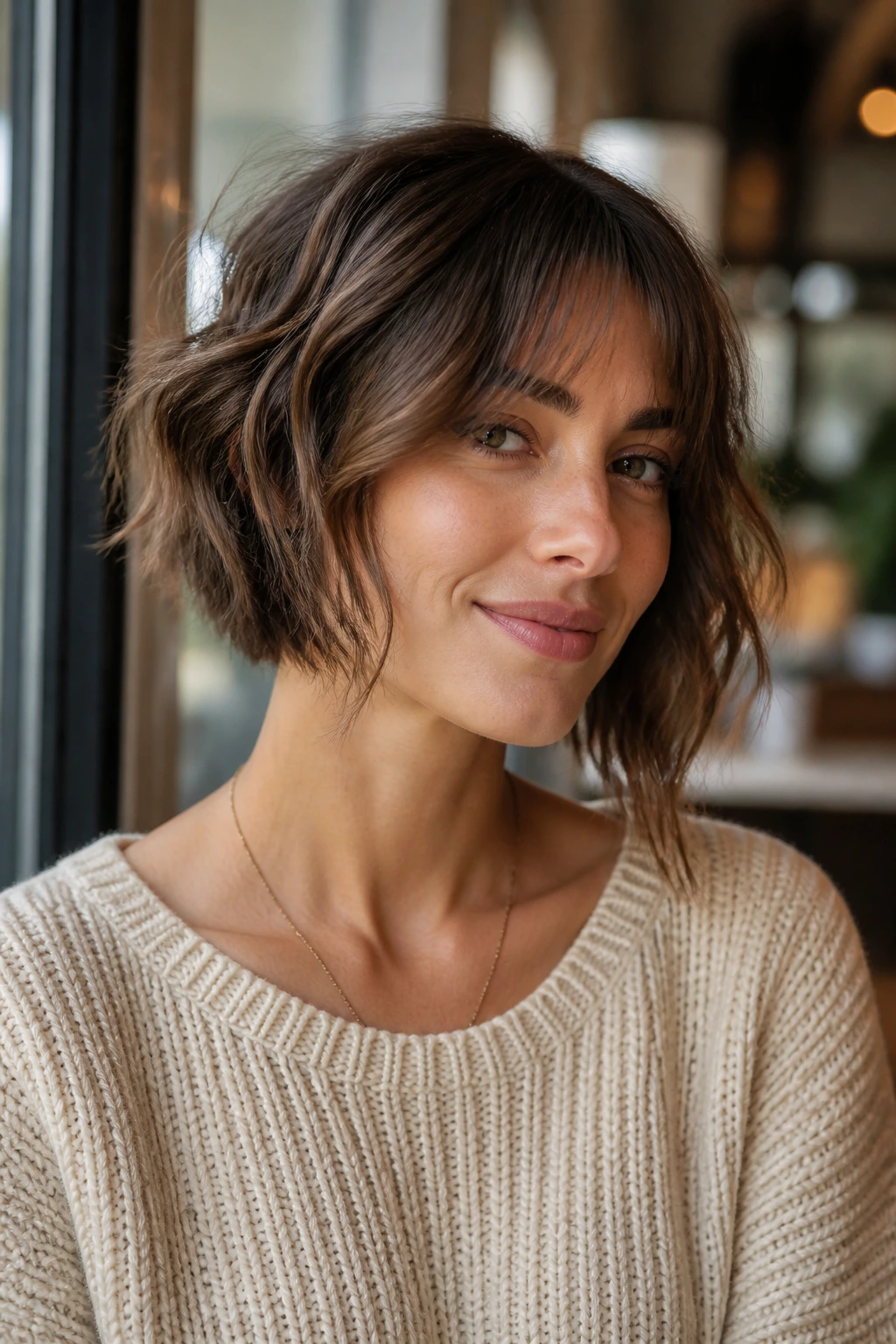 Close-up portrait of a real woman with shaggy asymmetrical bob and curtain bangs in cafe light
