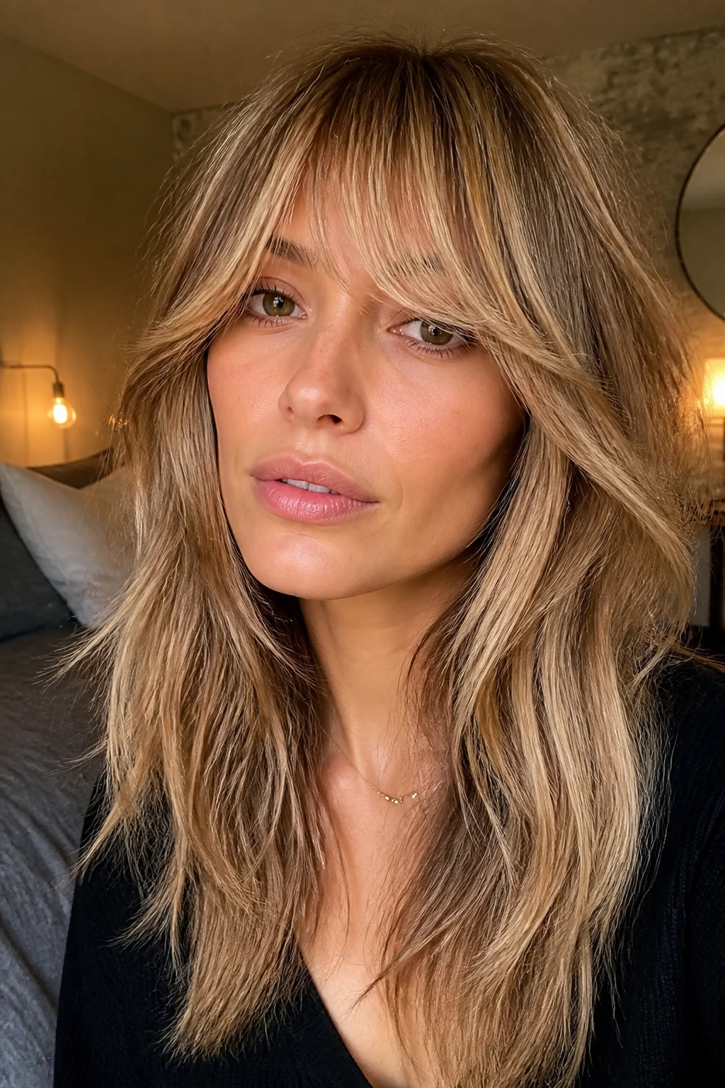 Woman with shaggy bangs and caramel lowlights in warm room light