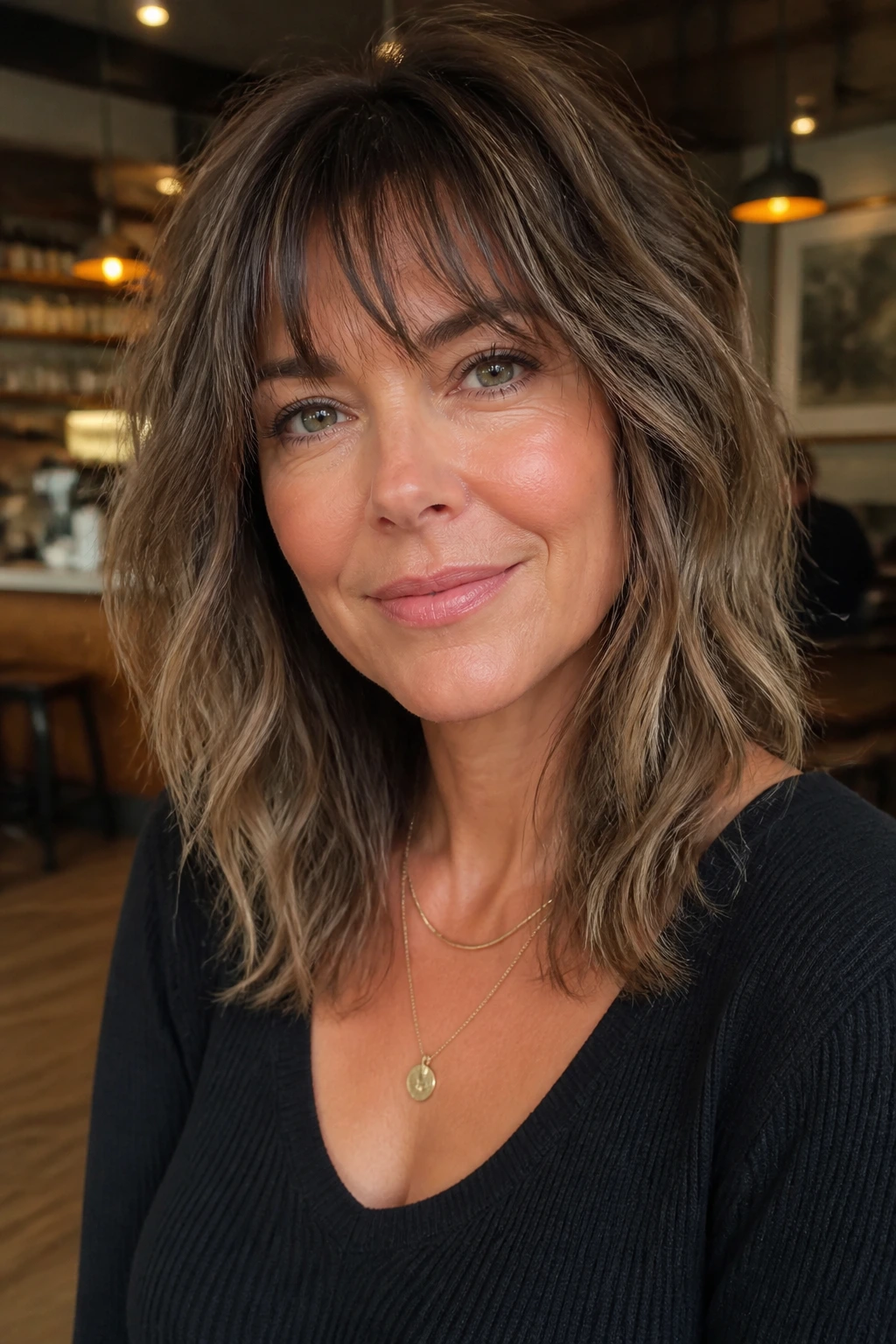 Close-up of a real woman with shaggy bangs and collarbone layers