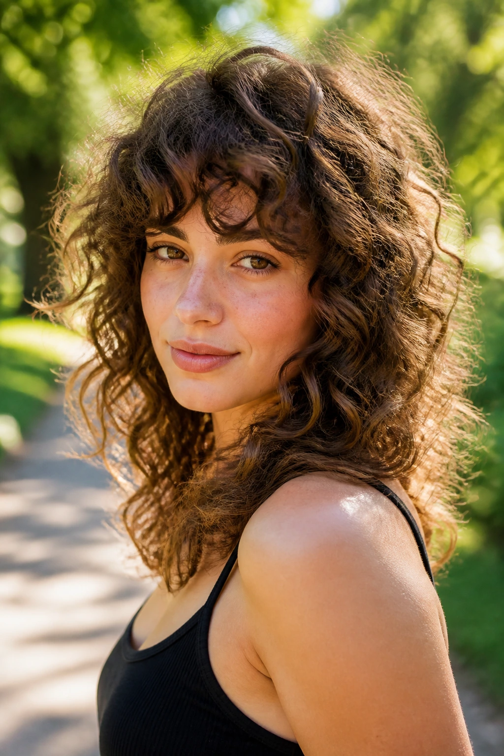 Close-up of a real person with shaggy bangs layered into a curly cut.