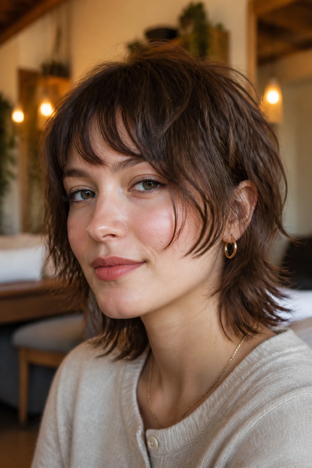 Close-up portrait of a real woman with short shaggy bangs and face-framing layers
