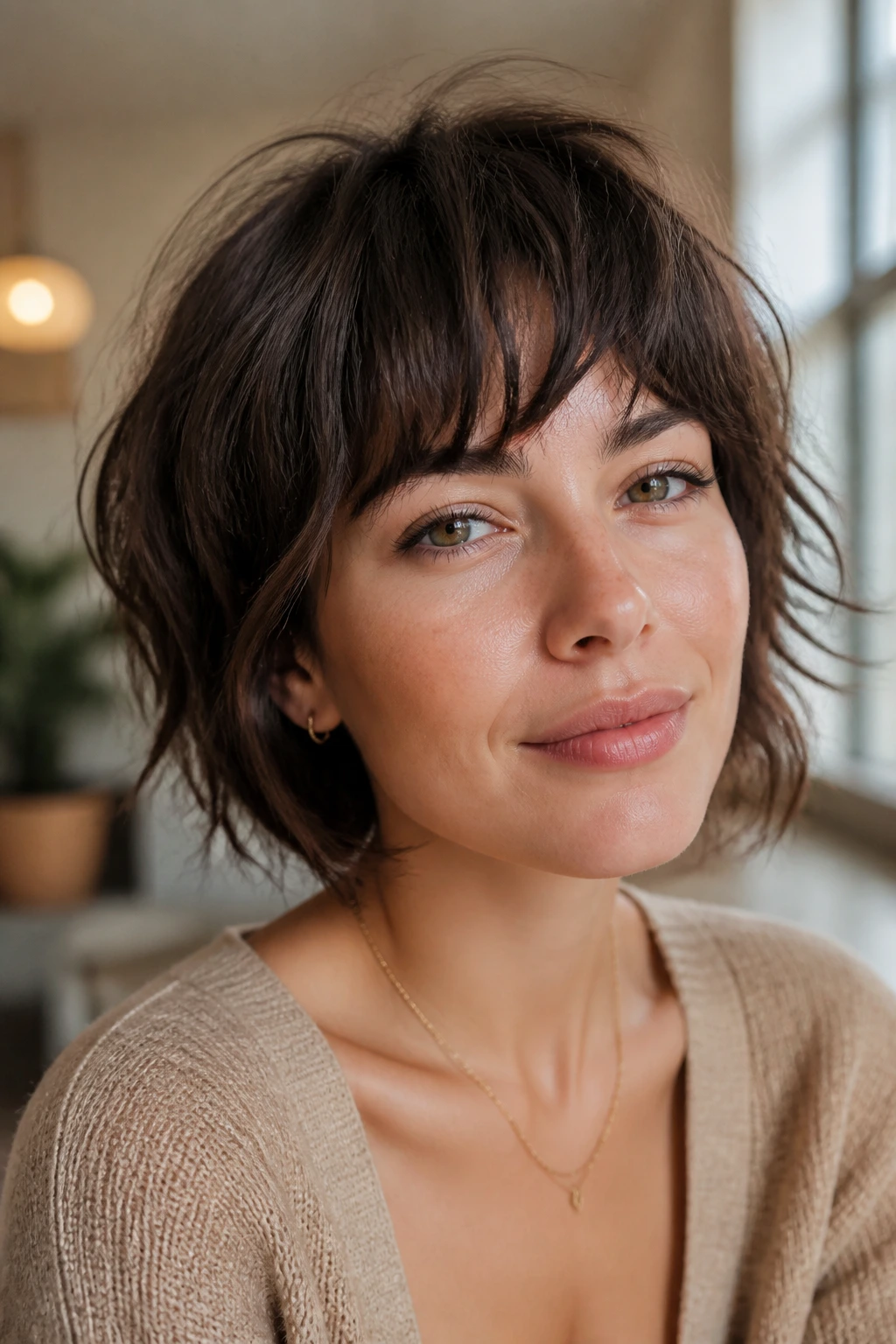Portrait of a person with short shaggy bangs styled with a soft bend.