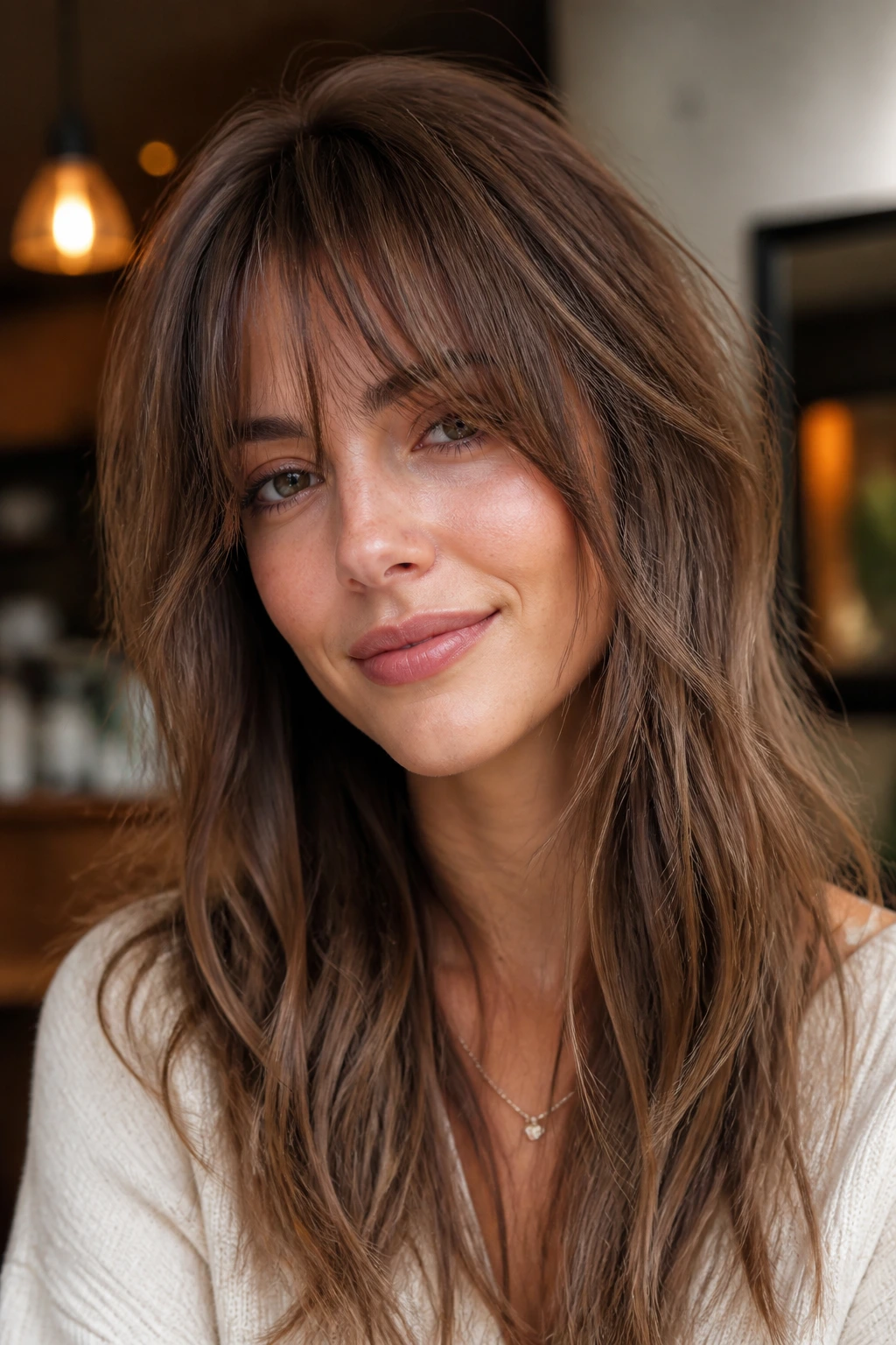 Close-up portrait of a real person with shaggy bangs blending into layered hair in a cafe-like setting