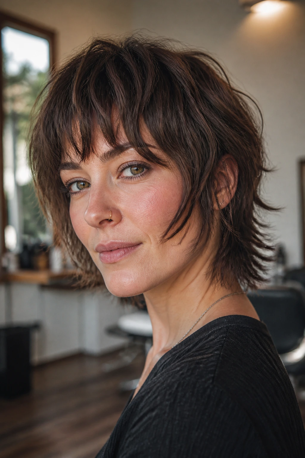 Close-up of a real woman with shaggy bangs and a mini mullet bob.