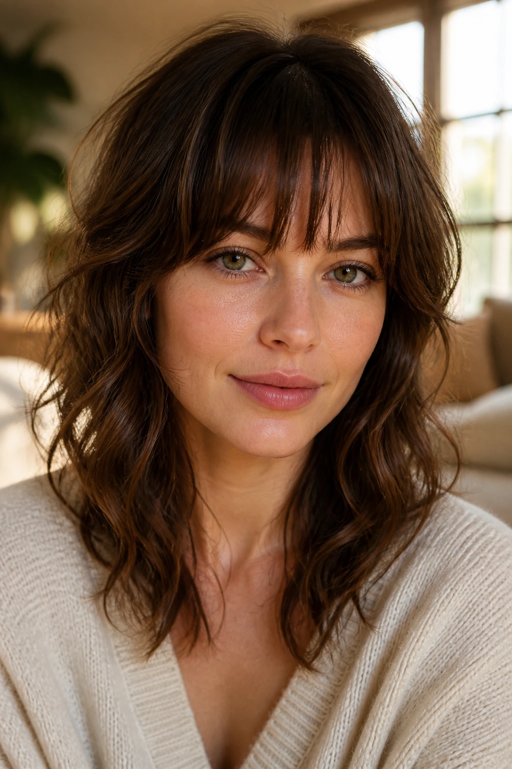 Close-up of a real woman with soft layered shaggy bangs in a sunlit living room