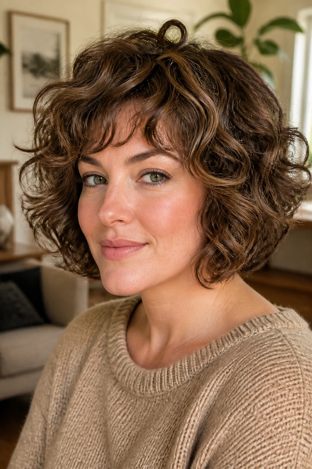 Close-up portrait of a real person with a shaggy curled bob and airy internal layers in warm indoor light.
