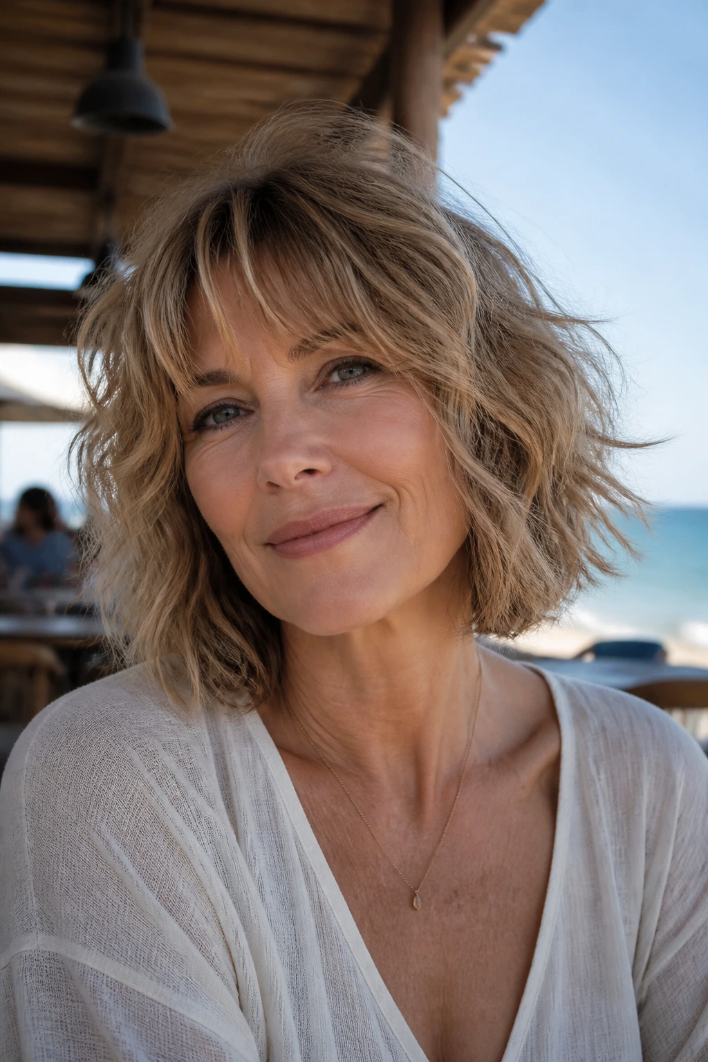 Close-up portrait of a real woman with shaggy bob and airy layers