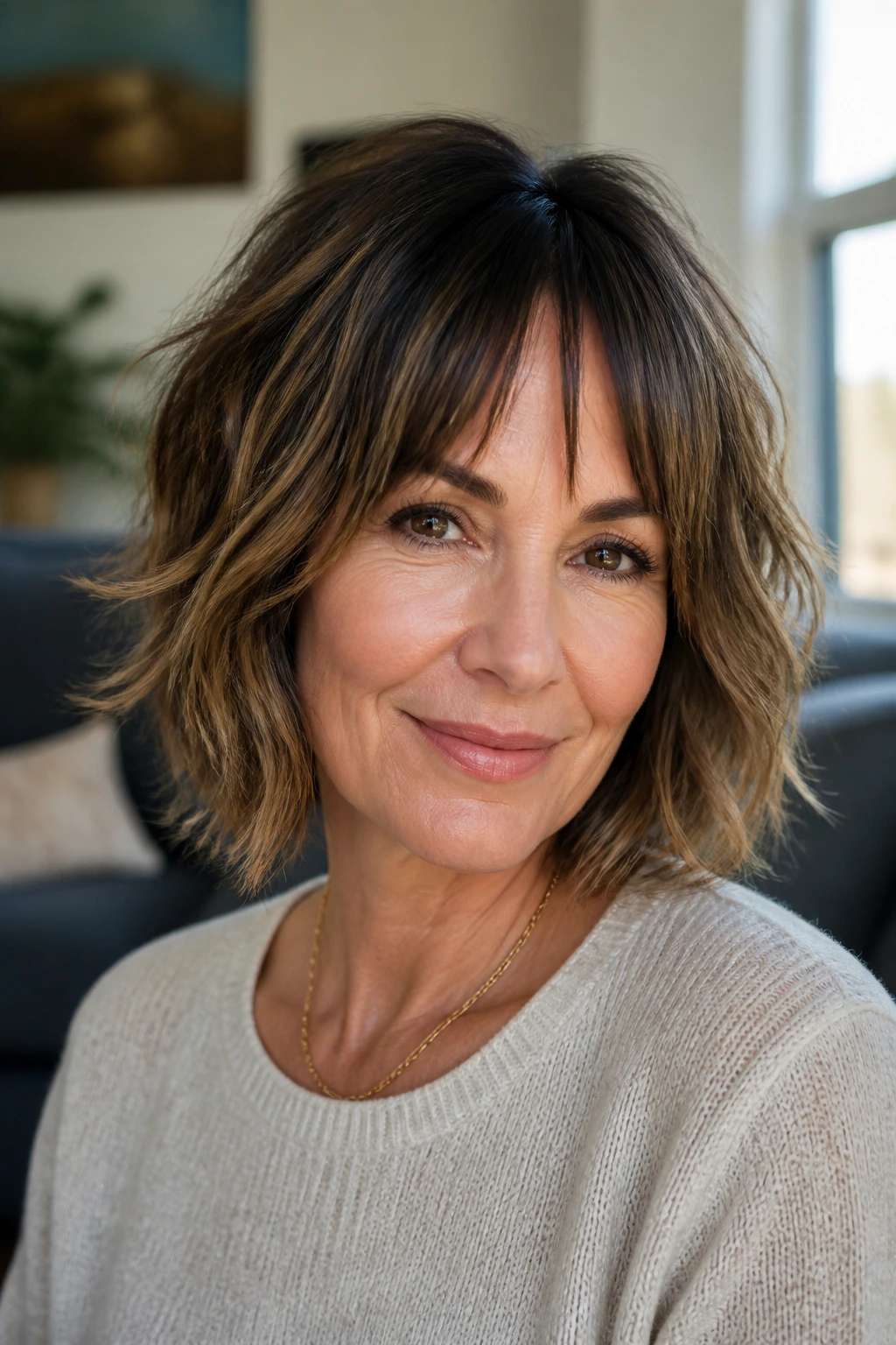 Close-up of a real woman with a shaggy bob and bottleneck bangs in a sunny living room