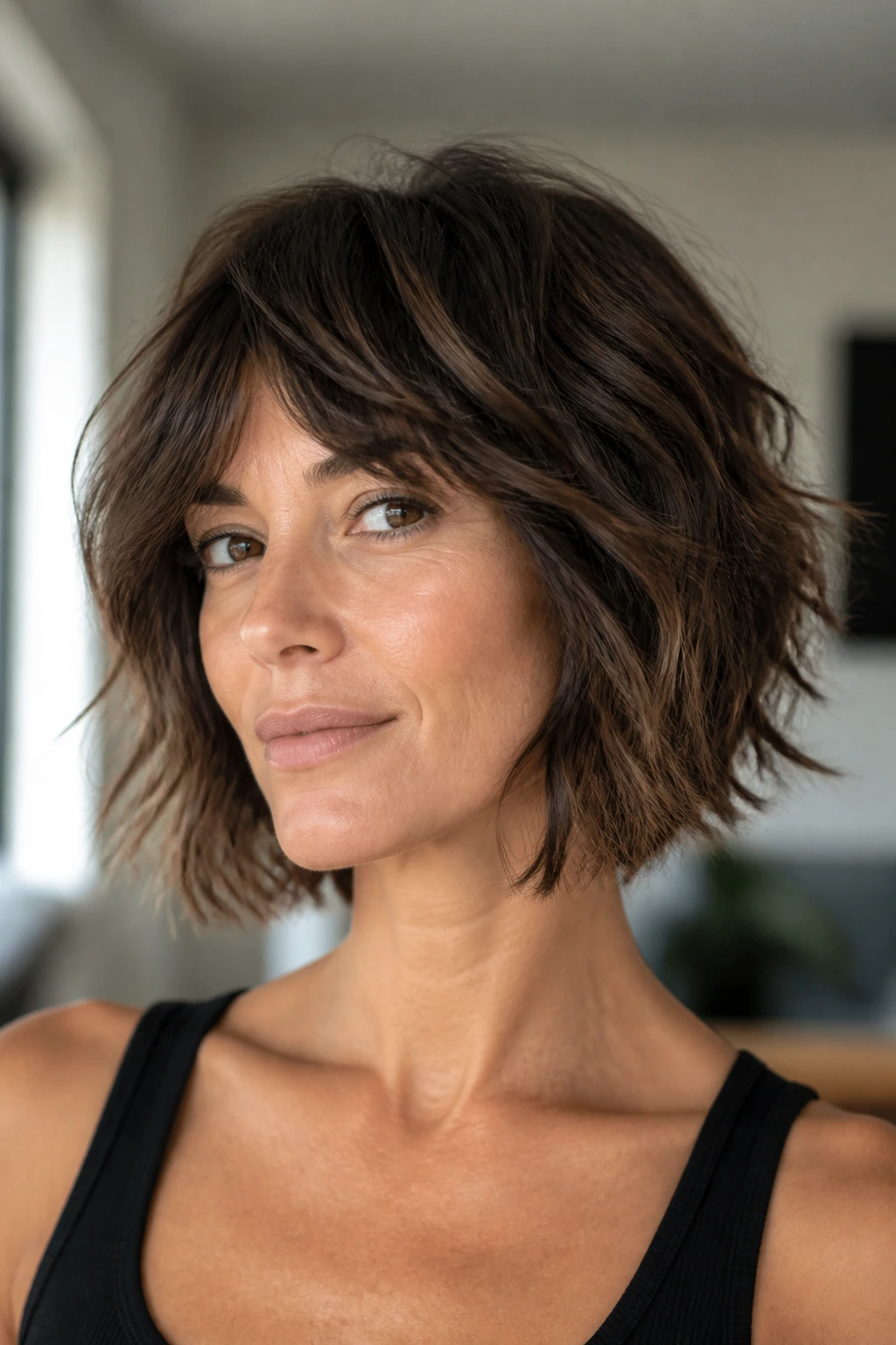 Real woman with shaggy bob and broken-up ends in a bright room