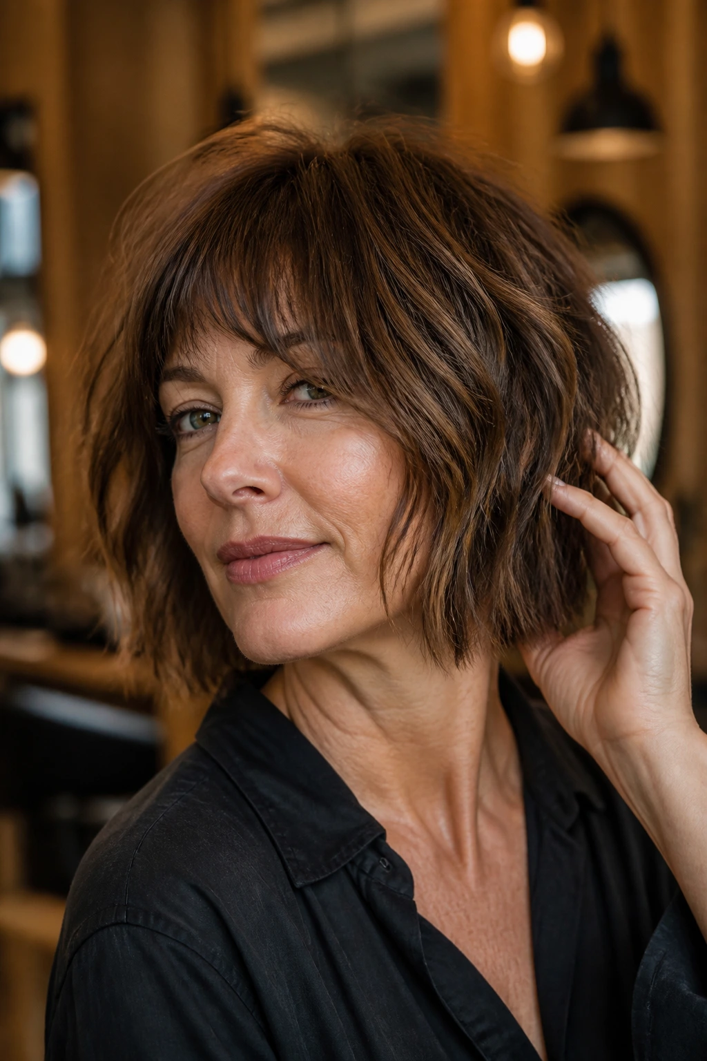 Close-up portrait of a real woman with shaggy bob and broken ends in a warm salon