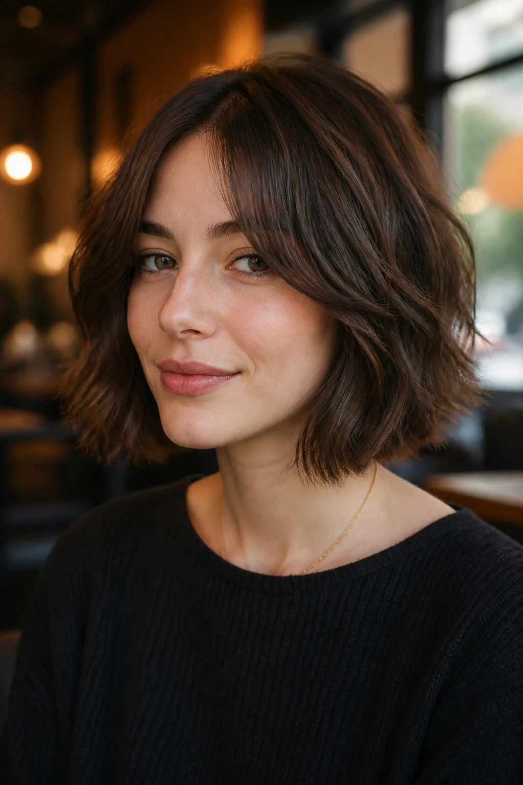 Portrait of a real person with shaggy bob and center-part fringe