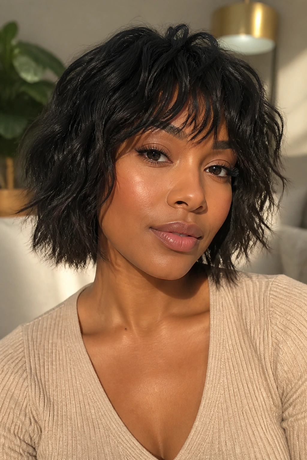 Close-up of real Black woman with shaggy bob and choppy ends in cozy living room light