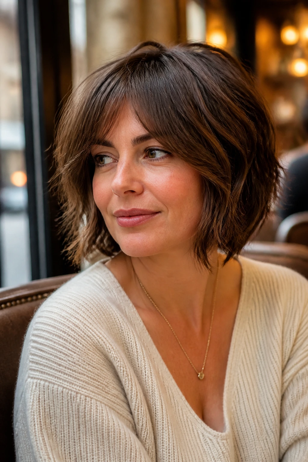 Close-up portrait of a real woman with a shaggy bob and controlled layers in warm cafe lighting