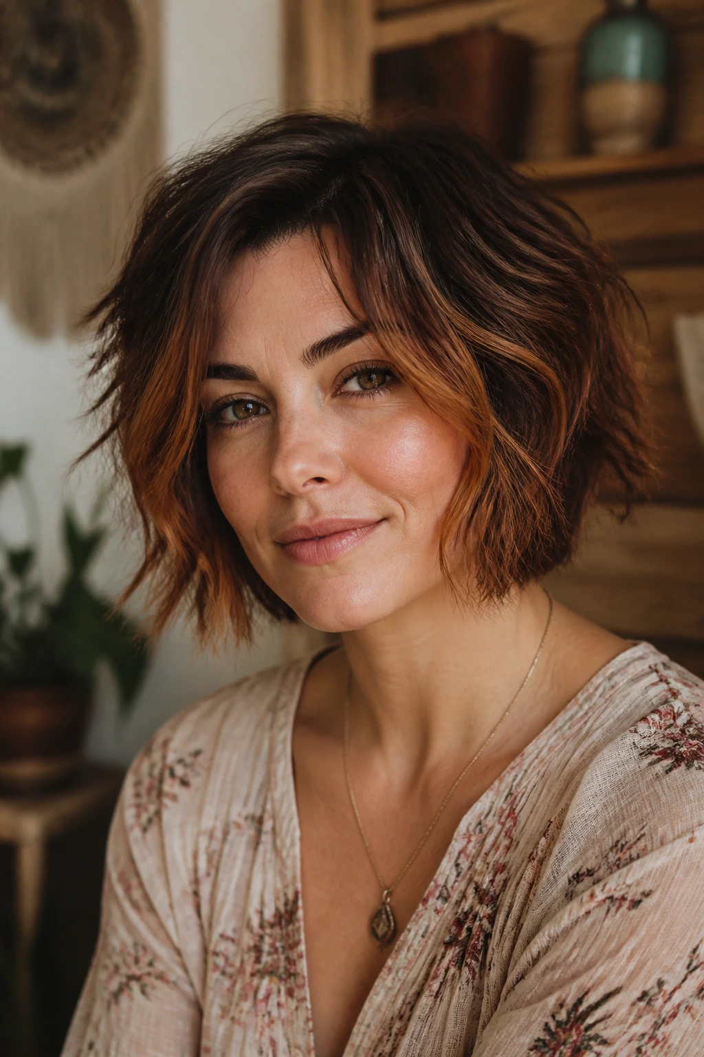 Close-up portrait of a real woman with shaggy bob and copper flicks