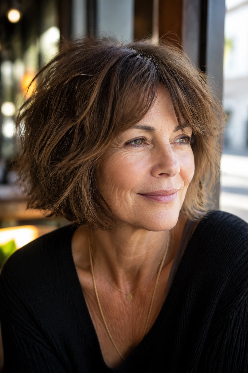 Portrait of a real woman with a shaggy bob and light crown layers