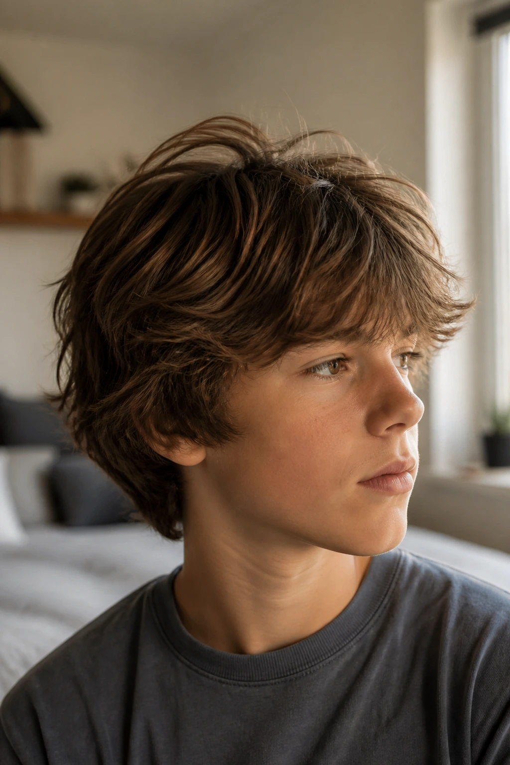Close-up of a real boy's head with a shaggy bob and crown lift in natural light