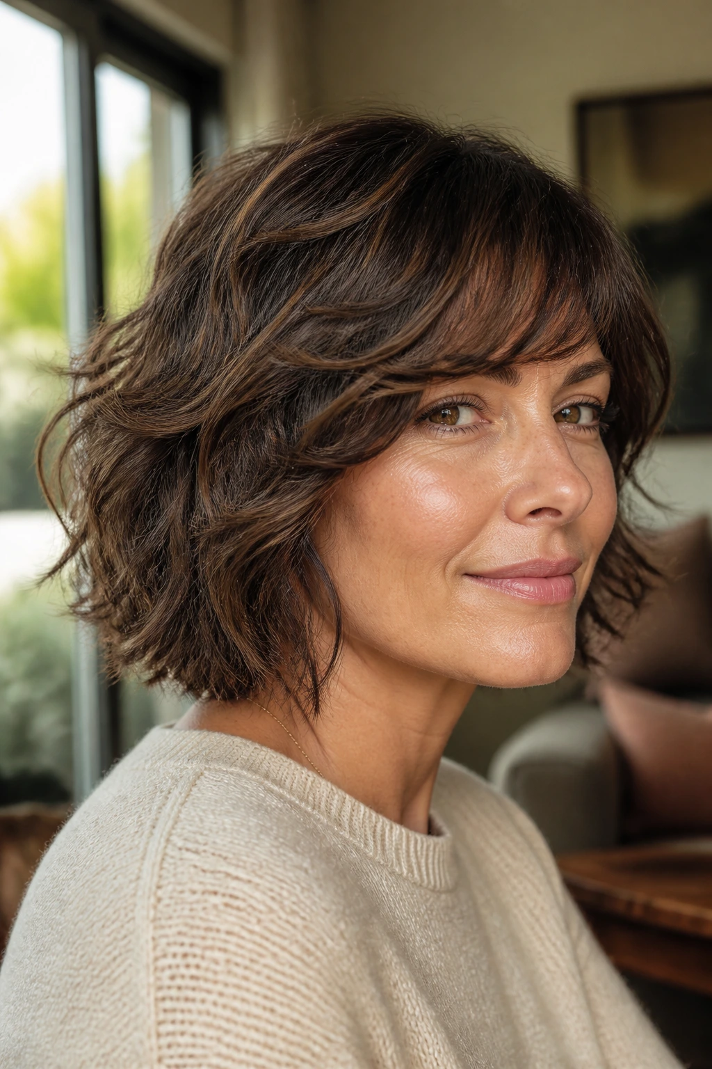 Close-up portrait of a real woman with a shaggy bob and blended bangs in warm window light