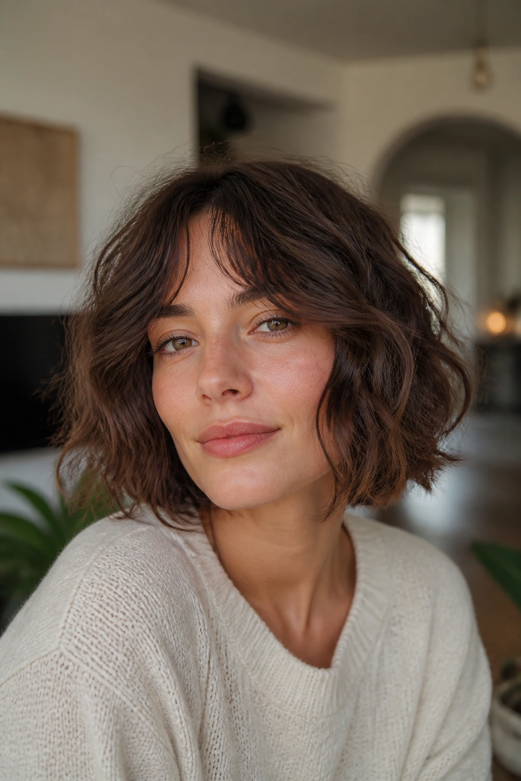 Close-up of a real woman with a shaggy bob and curtain bangs