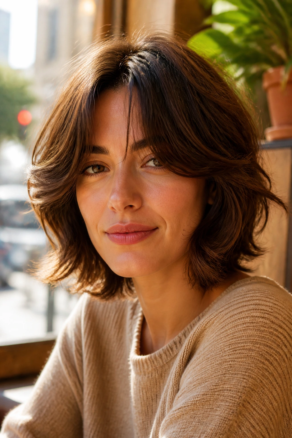 Close-up portrait of a real woman with a shaggy bob and curtain bangs in warm natural light