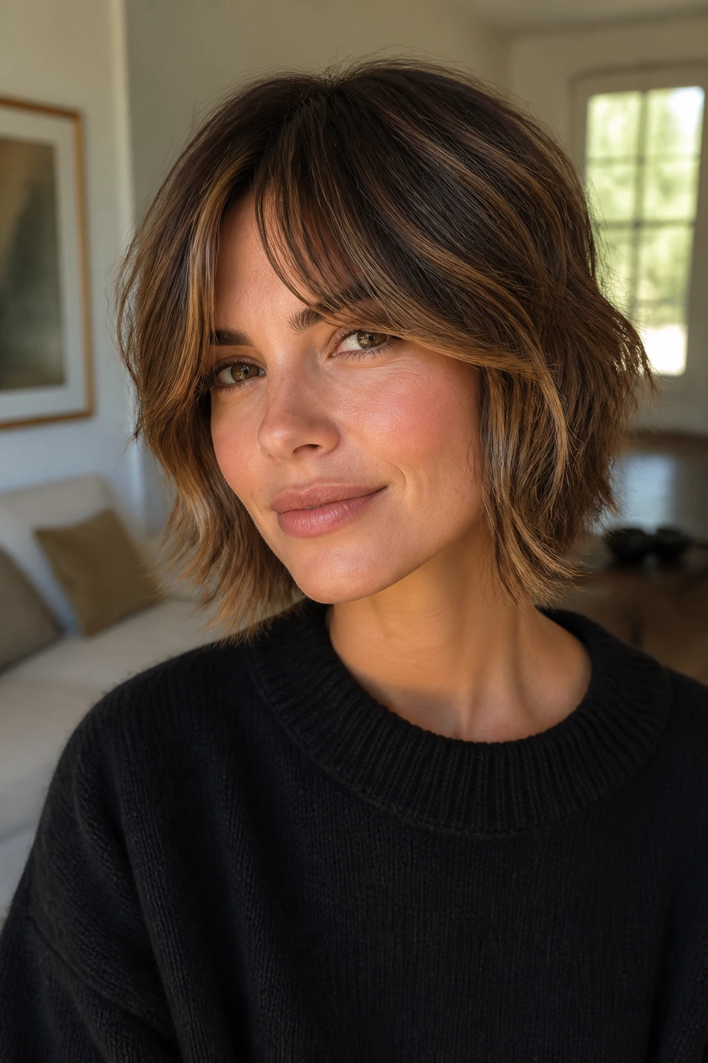 Portrait of a real woman with shaggy bob and curtain bangs with caramel highlights