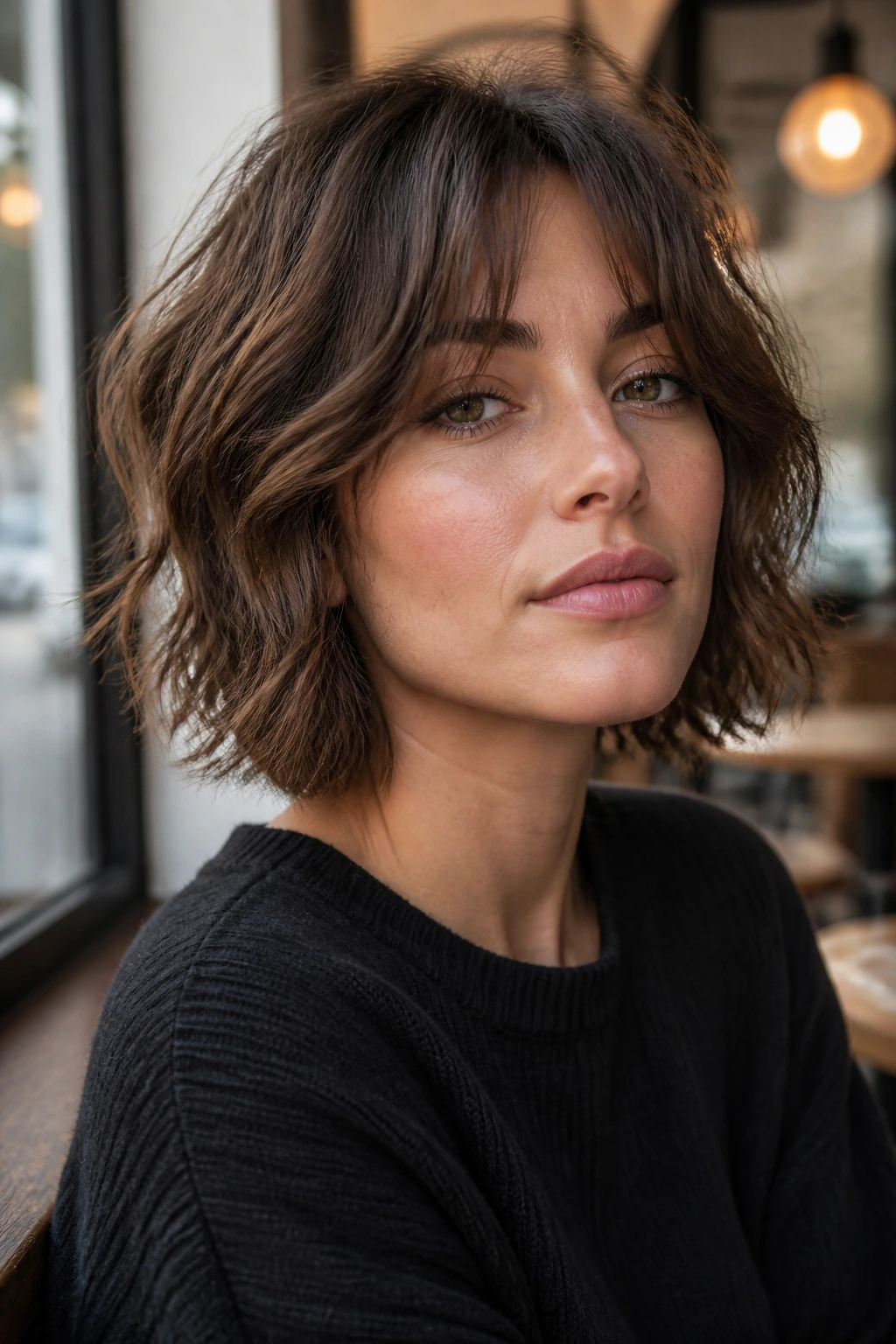 Close-up portrait of a real woman with a shaggy bob and curtain bangs