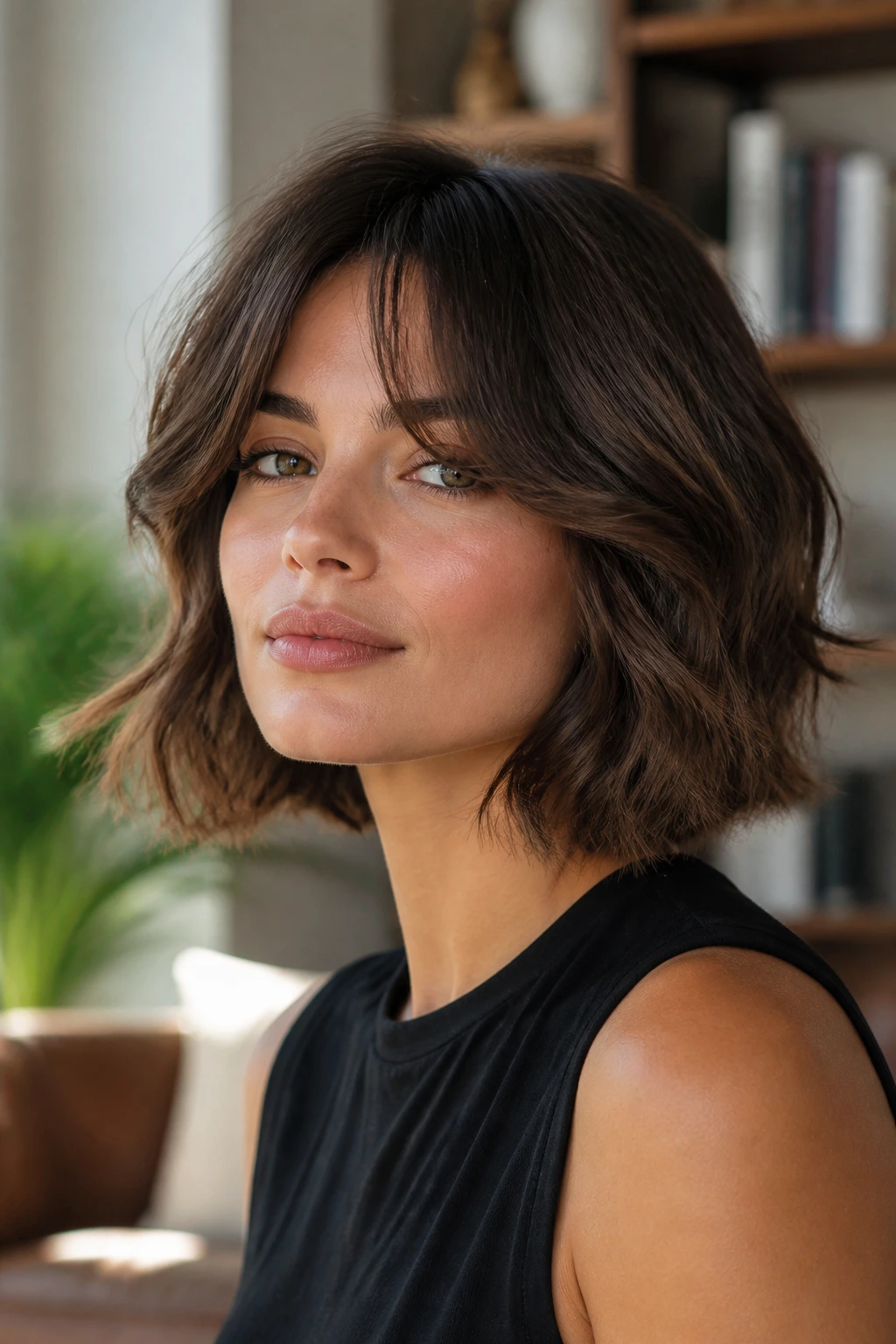 Portrait of a real woman with shaggy bob and curtain fringe