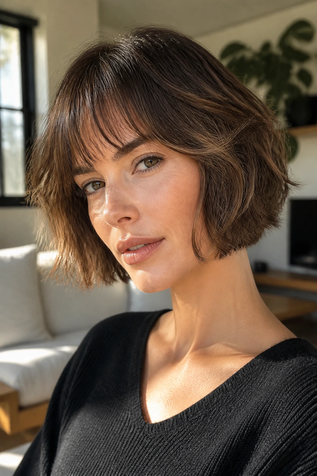 Close-up portrait of a real woman with a shaggy bob and curved bangs in warm window light