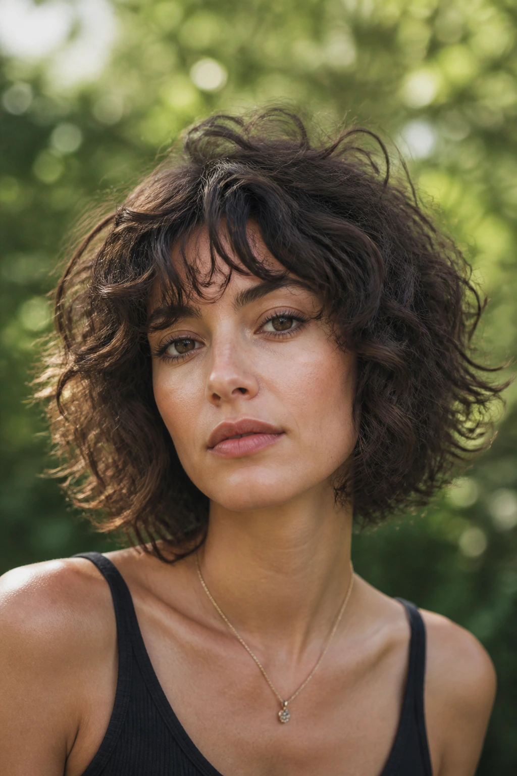 Portrait of a woman with a shaggy bob and feathered crown layers