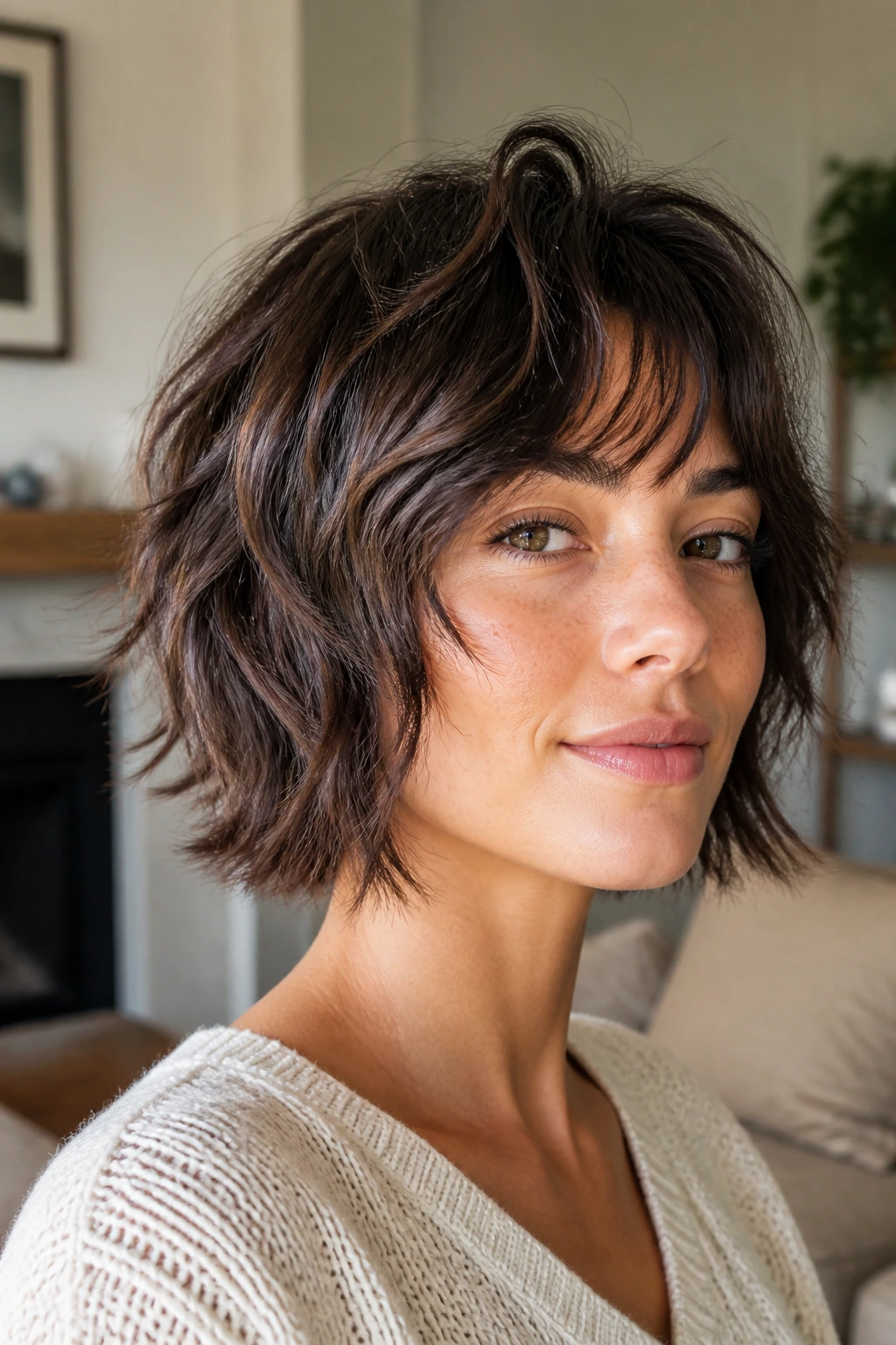 Close-up of a real woman with a shaggy bob and feathered ends in a cozy living room