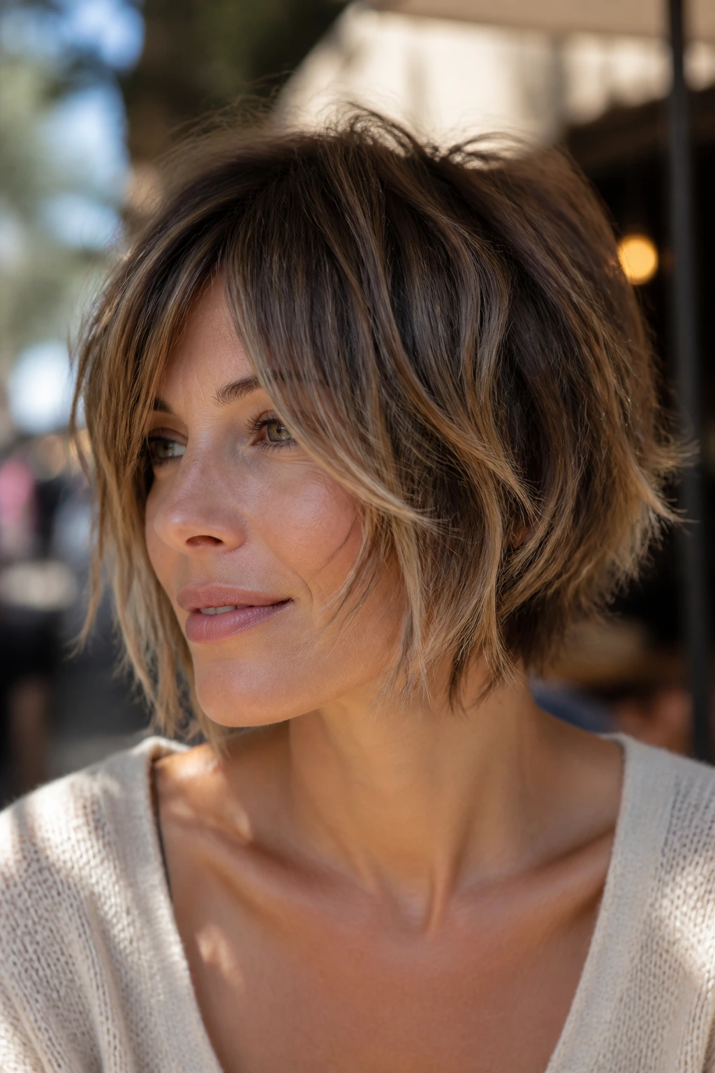 Real woman with shaggy bob and piecey face framing in daylight