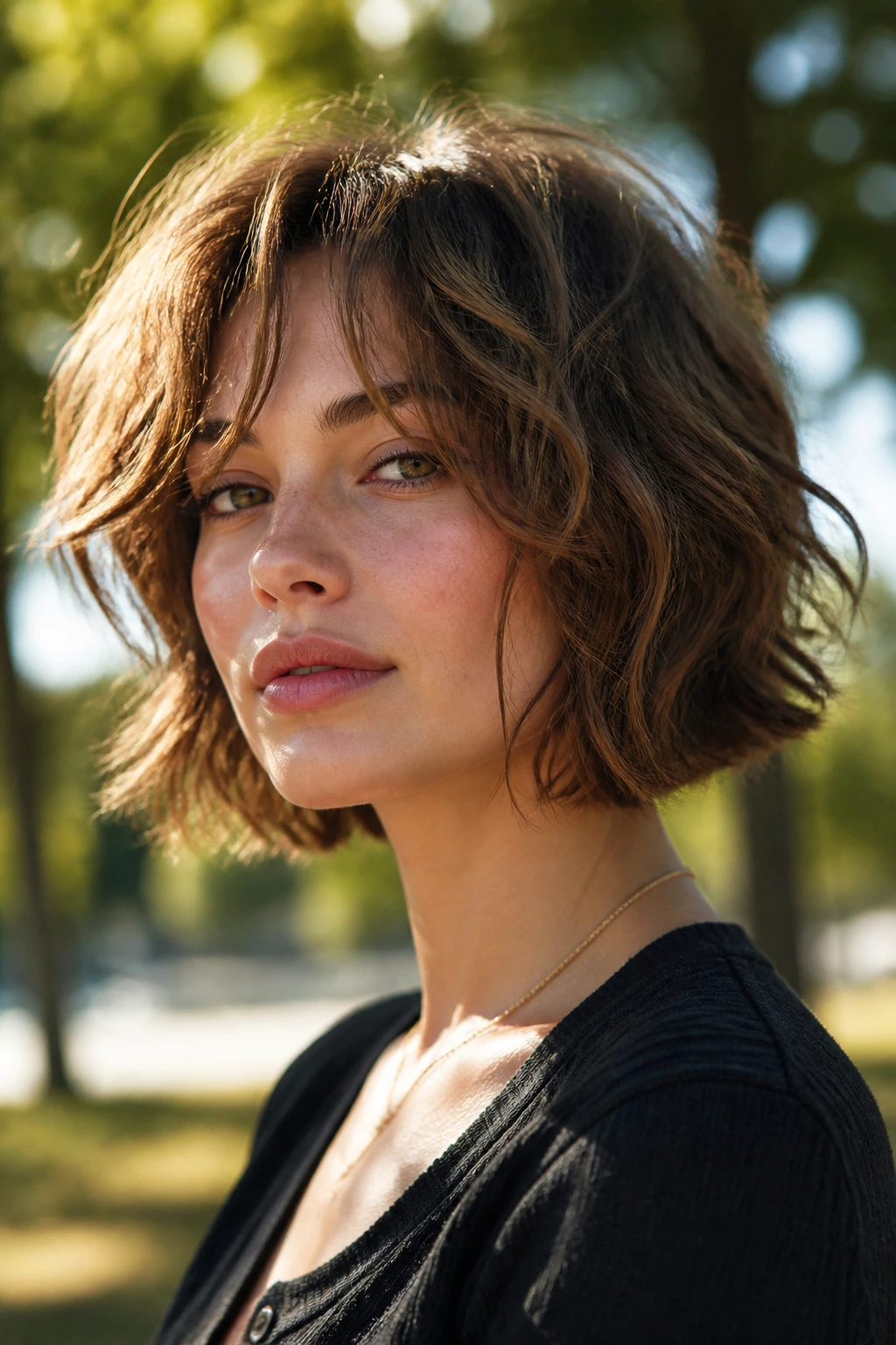 Shaggy bob with heavy interior layers on a real person outdoors.