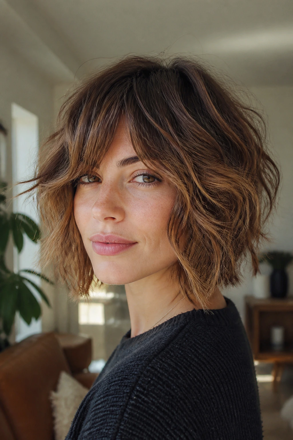 Close-up of real woman with shaggy bob showing layered texture in natural light