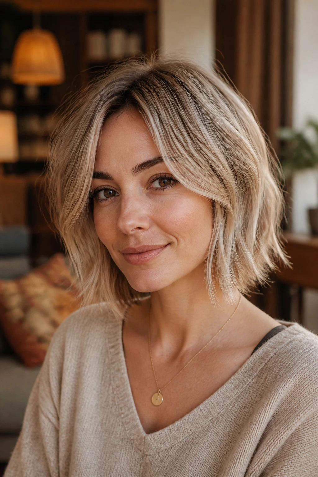 Close-up of a real woman with a light shaggy bob around the chin, natural lighting.