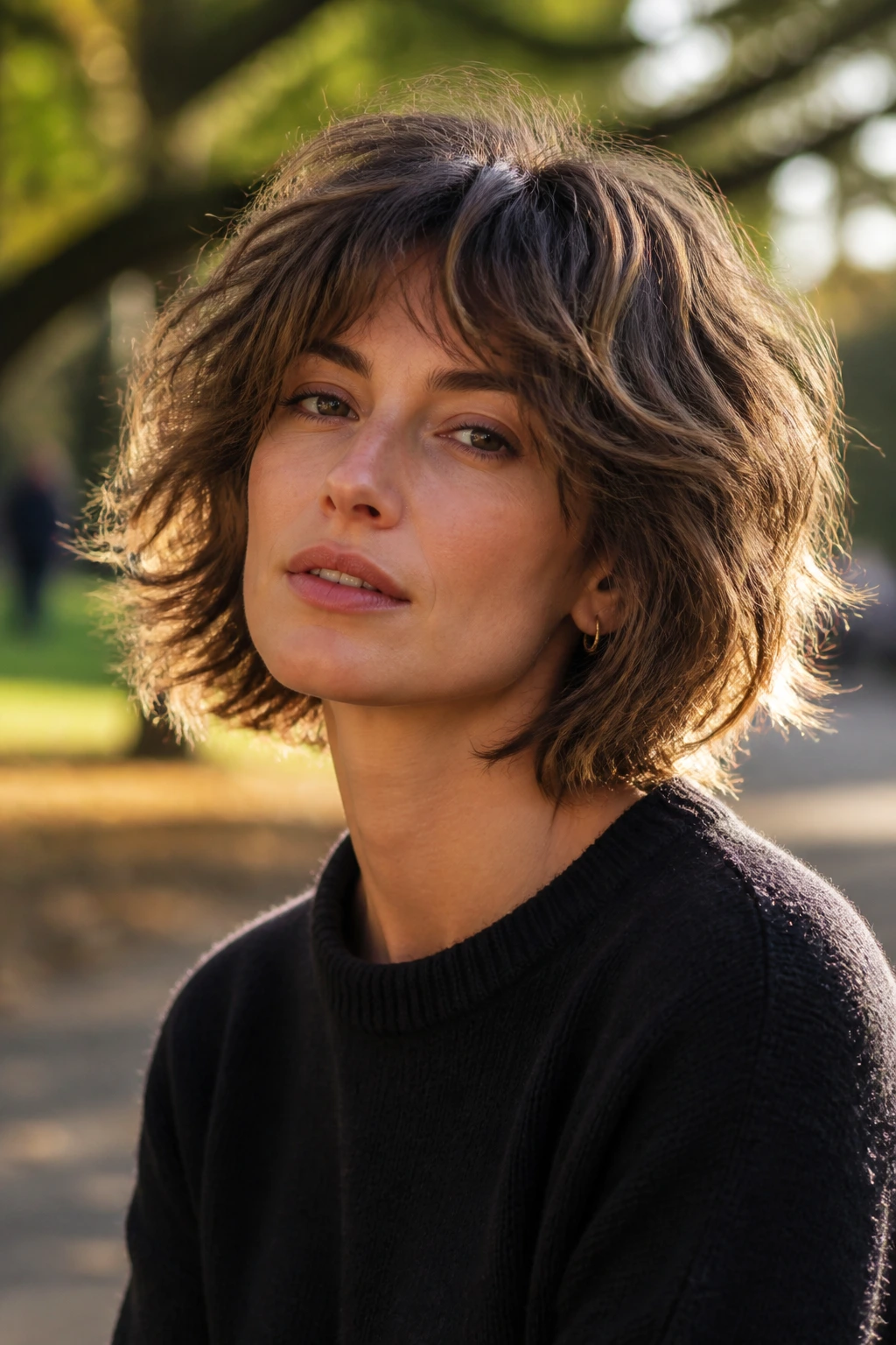 Real woman with shaggy bob and loose texture in golden hour park