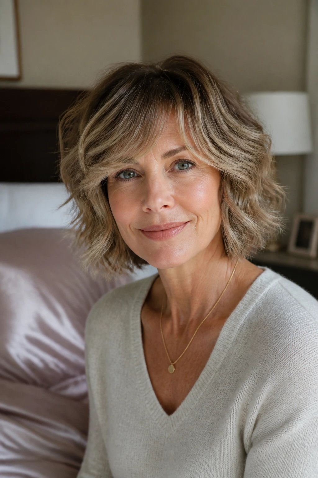 Portrait of woman maintaining shaggy bob shape at home