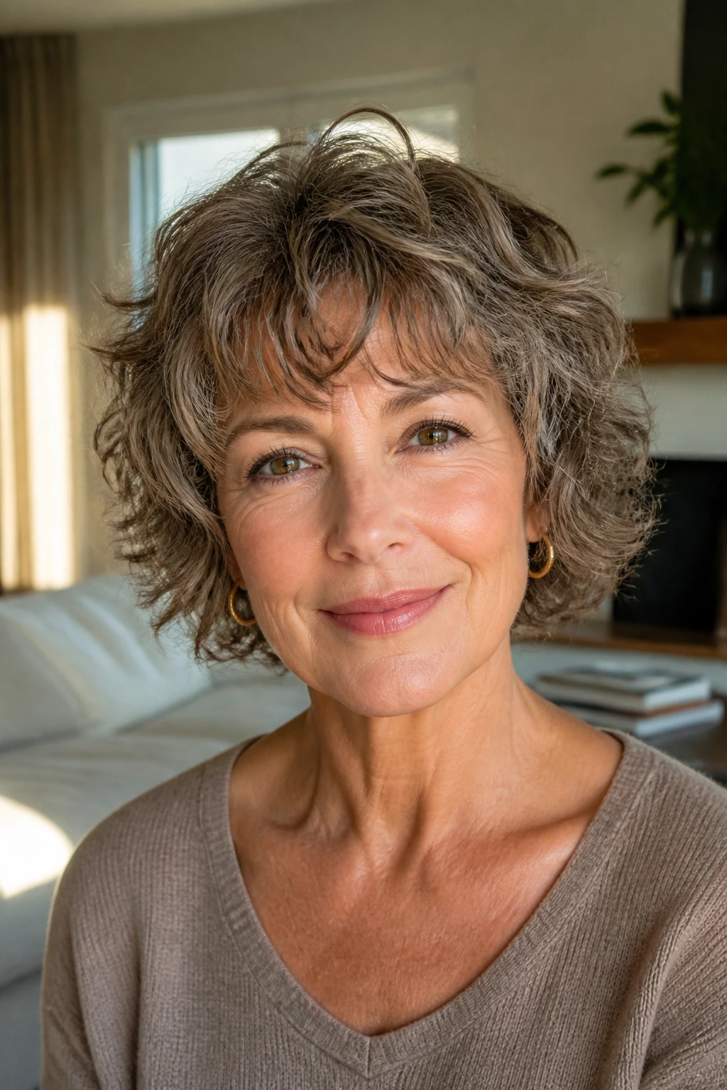 Close-up of a real woman with a shaggy bob and micro layers.