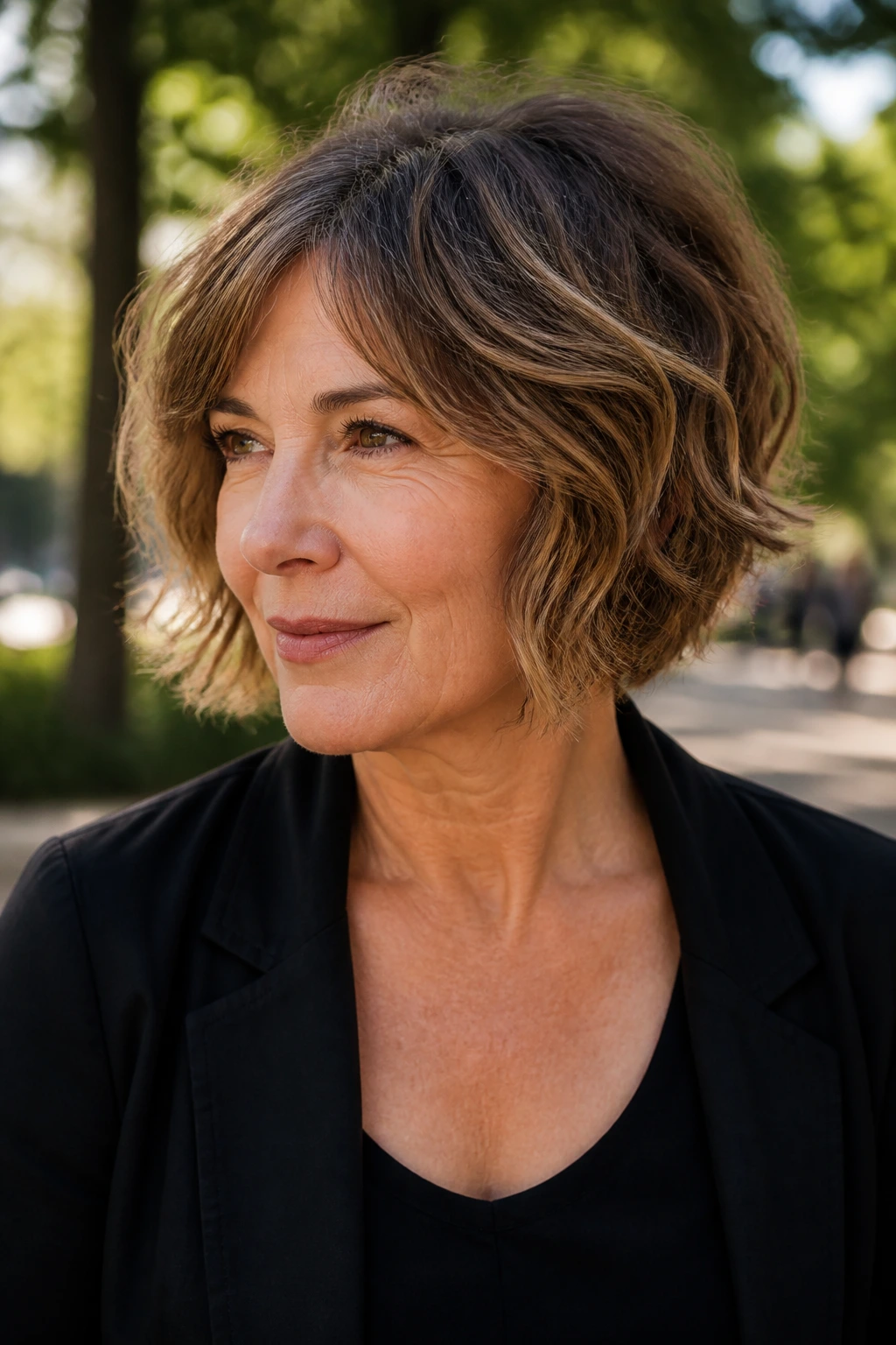 Close-up of a real woman with a shaggy bob texture