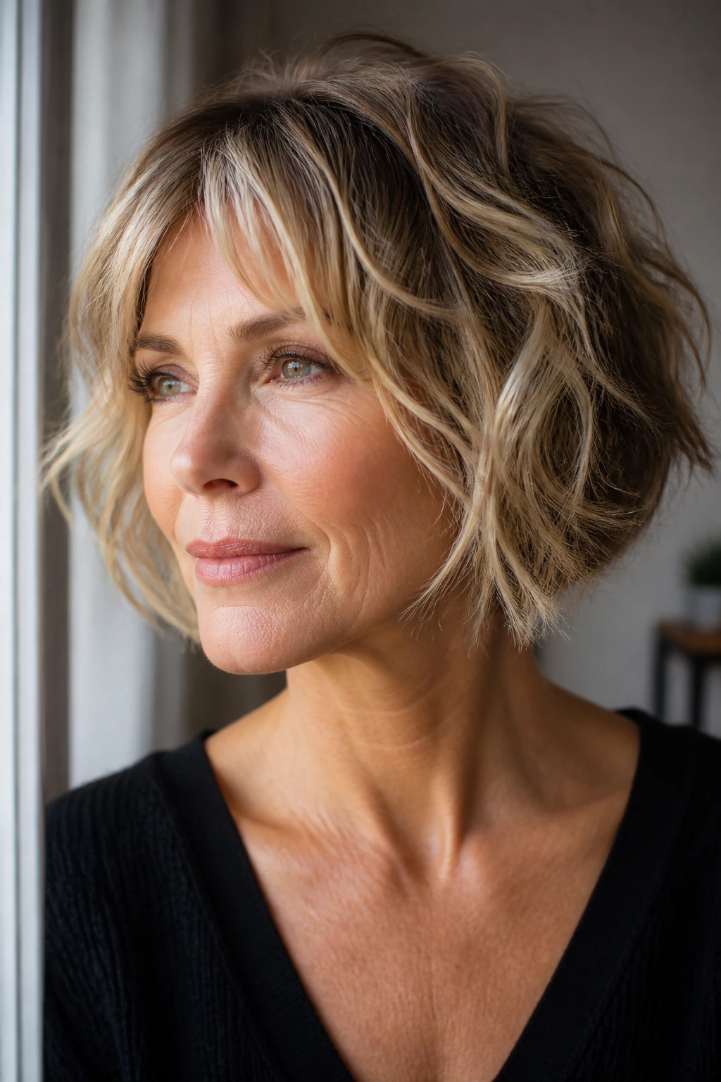 Portrait of real woman with shaggy bob style