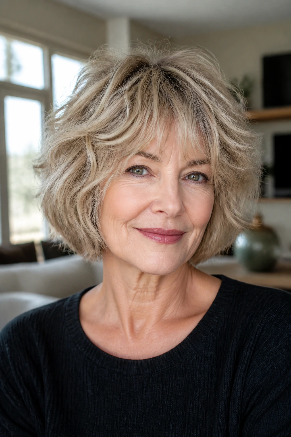 Older woman with tousled shaggy bob in natural light.