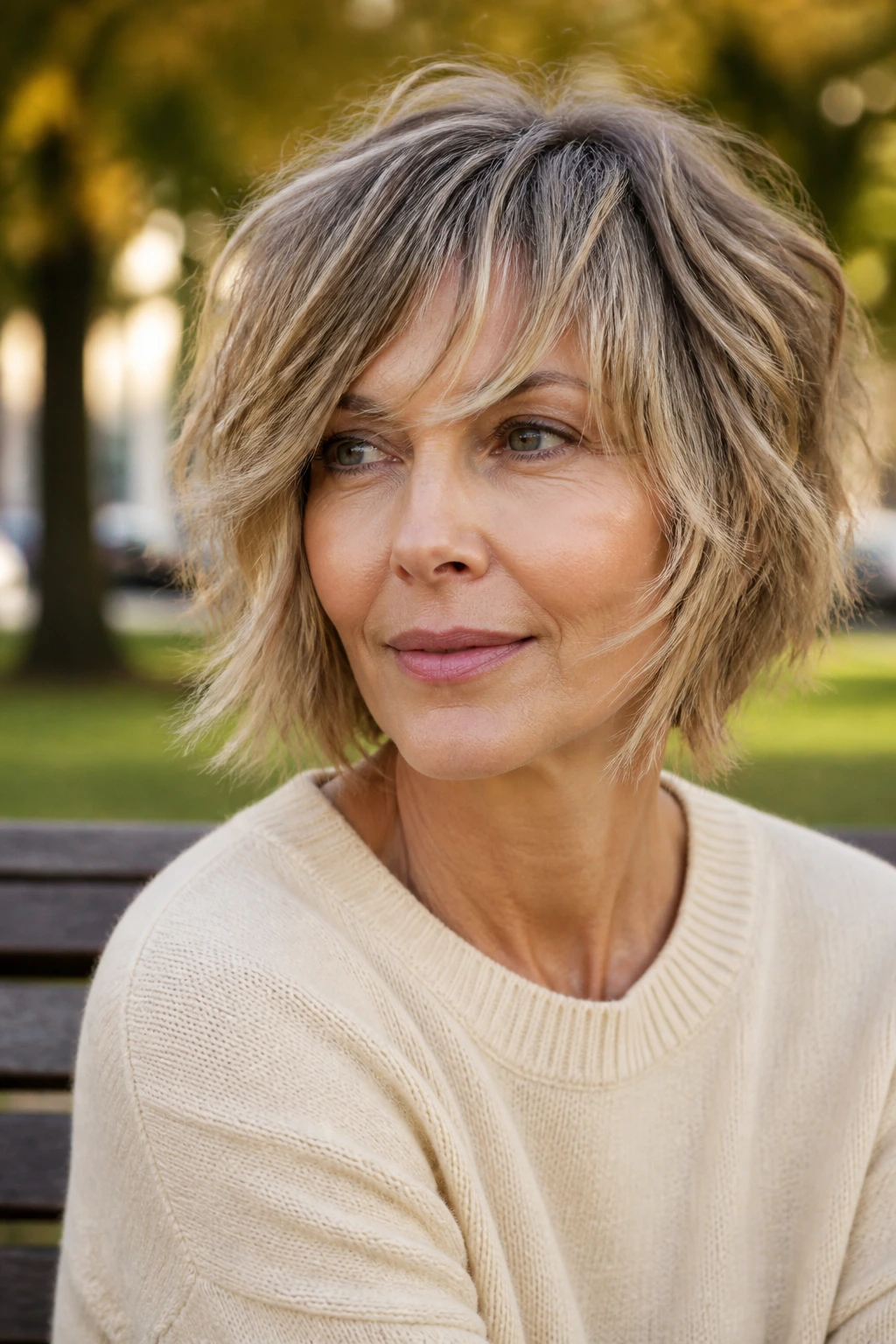 Close-up of a real woman with a shaggy bob and razored ends