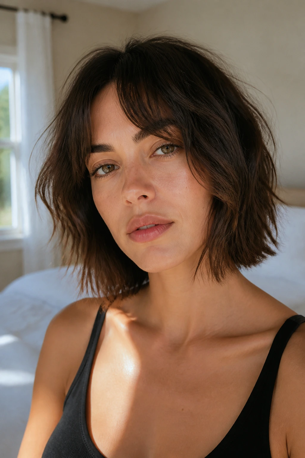 Real woman with shaggy bob and short curtain fringe.
