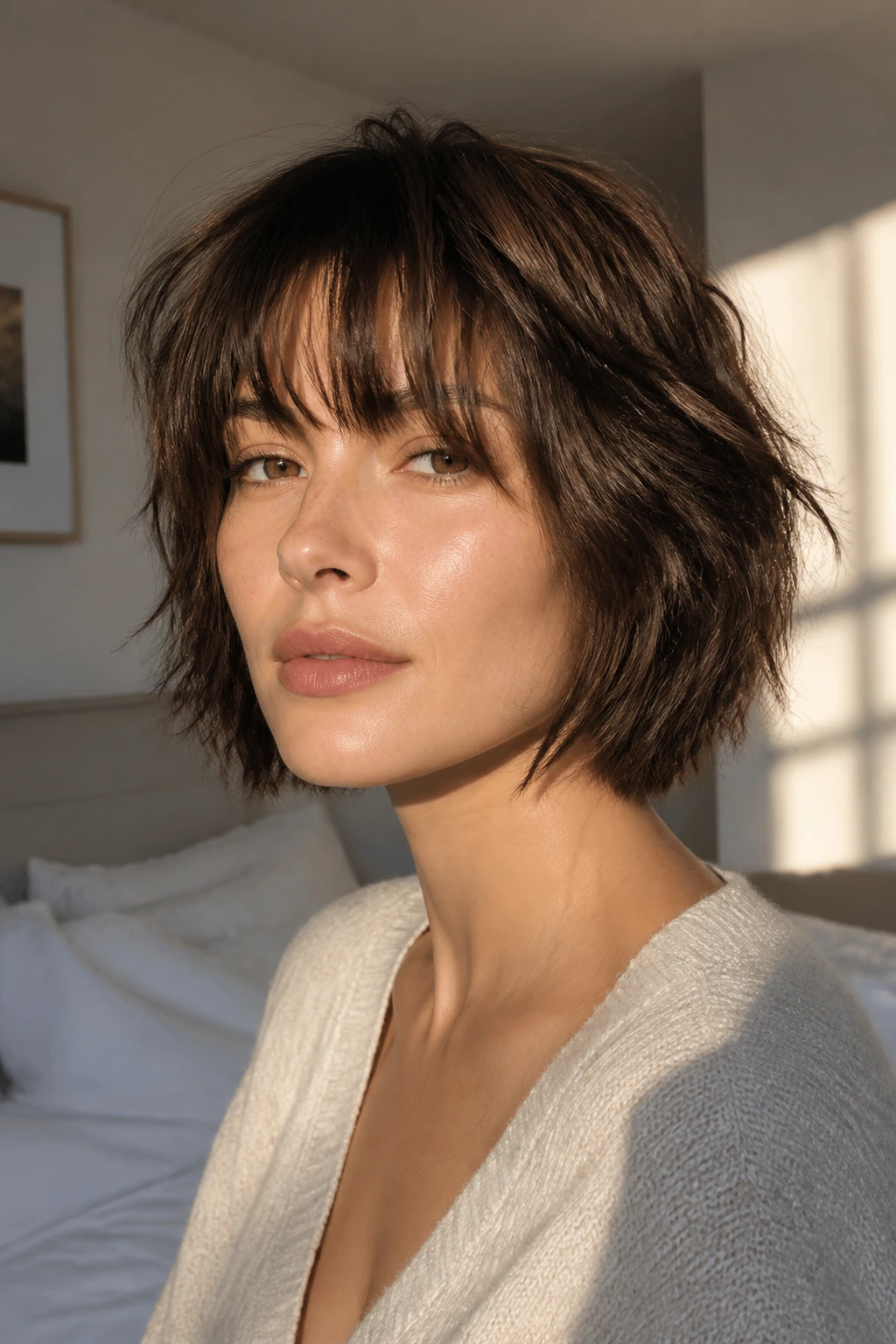 Close-up portrait of a real woman with a shaggy sleepy boyfriend bob in warm natural light